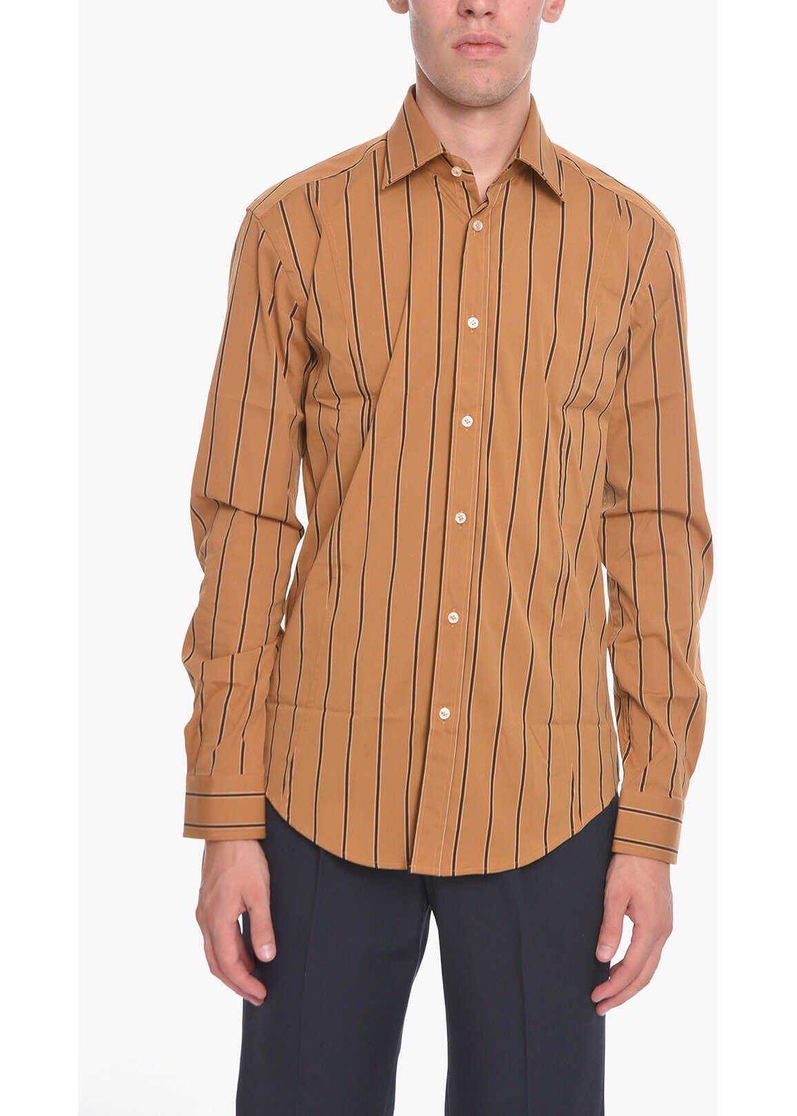 Brian Dales Striped Shirt With Spread Collar Brown