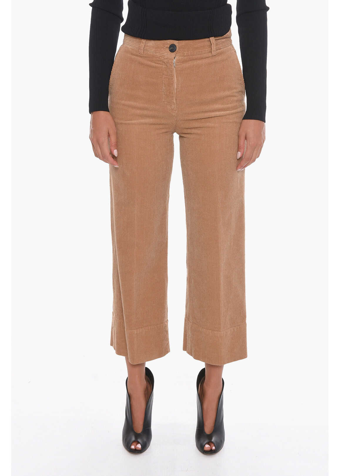 QL2 Corduroy Palazzo Trousers With Cropped Leg Brown