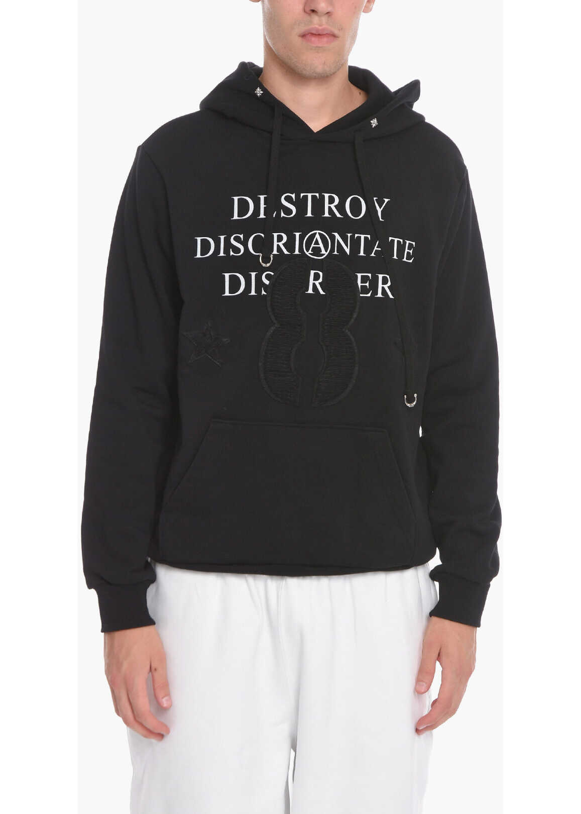 John Richmond Brushed Cotton Hoodie With Front Print And Patches Detail Black