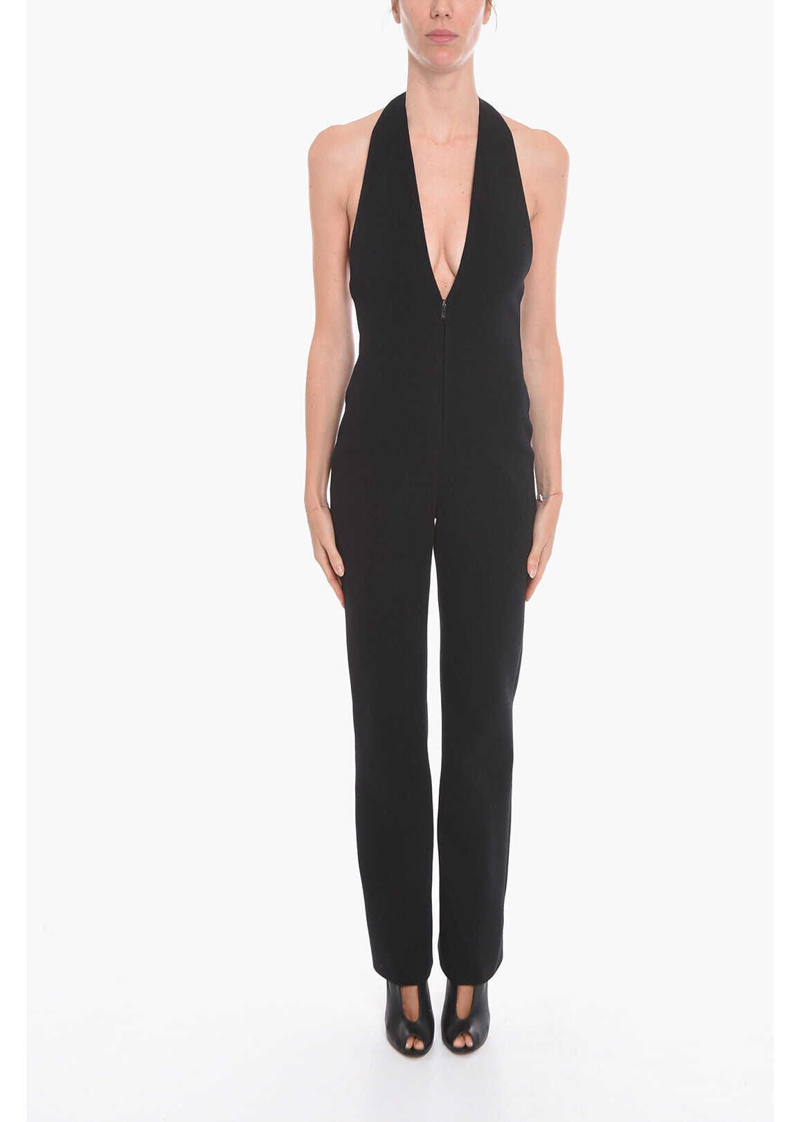 Saint Laurent Open-Back V-Neck Wool Jumpsuit Black