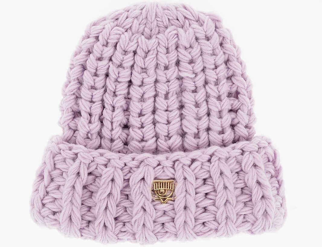 Chiara Ferragni Solid Color Braided Beanie With Golden Logo Violet