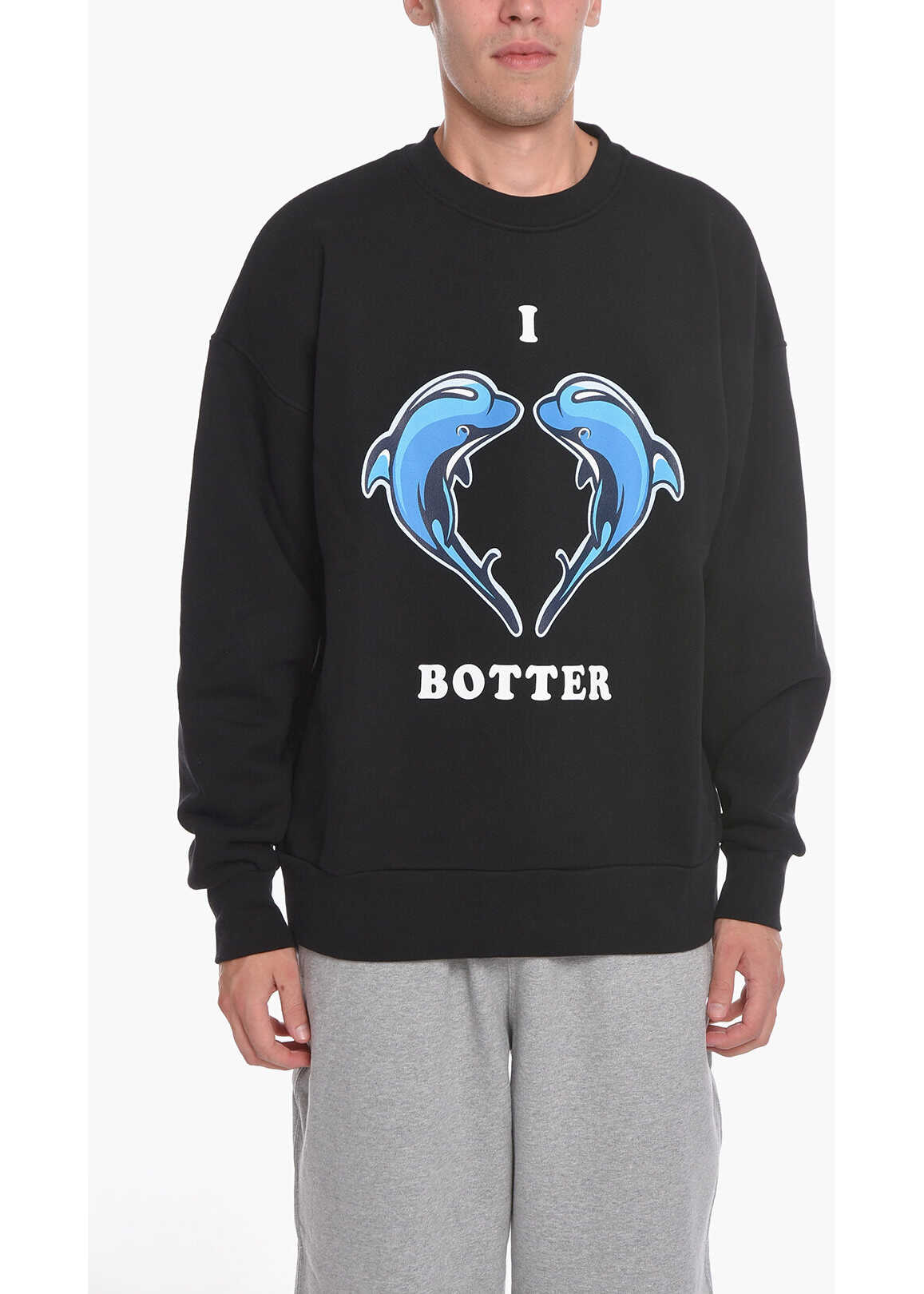 BOTTER Brushed Cotton Crew-Neck Sweatshirt With Printed Dolphins Black