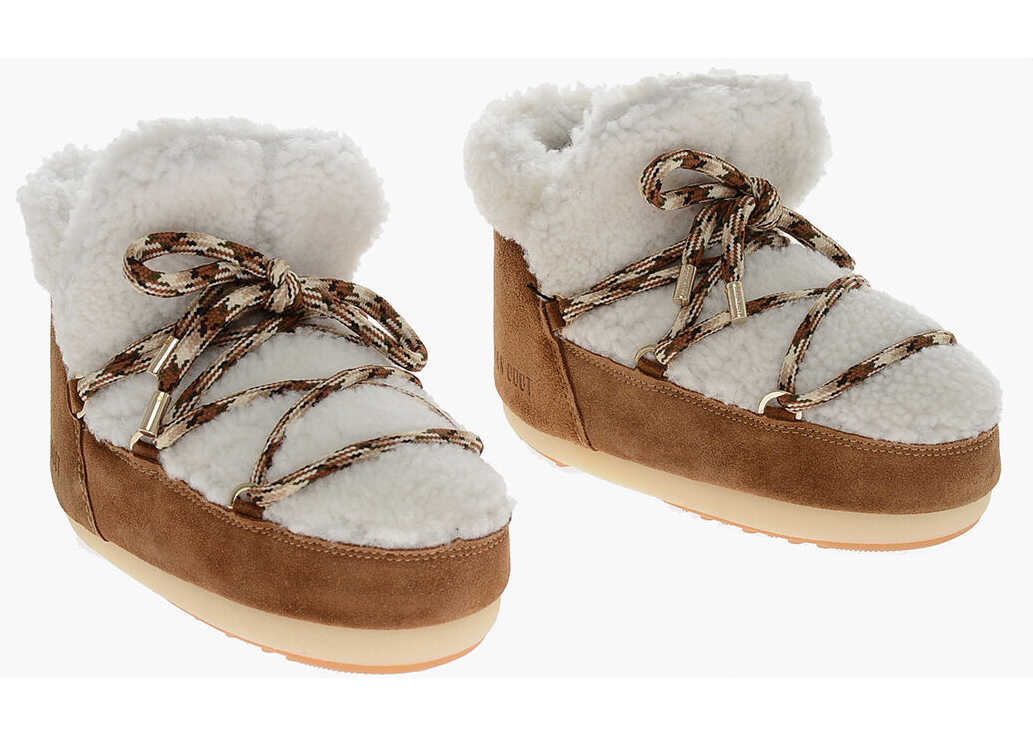 Moon Boot Lace-Up Pumps Shearling Snow Booties Brown