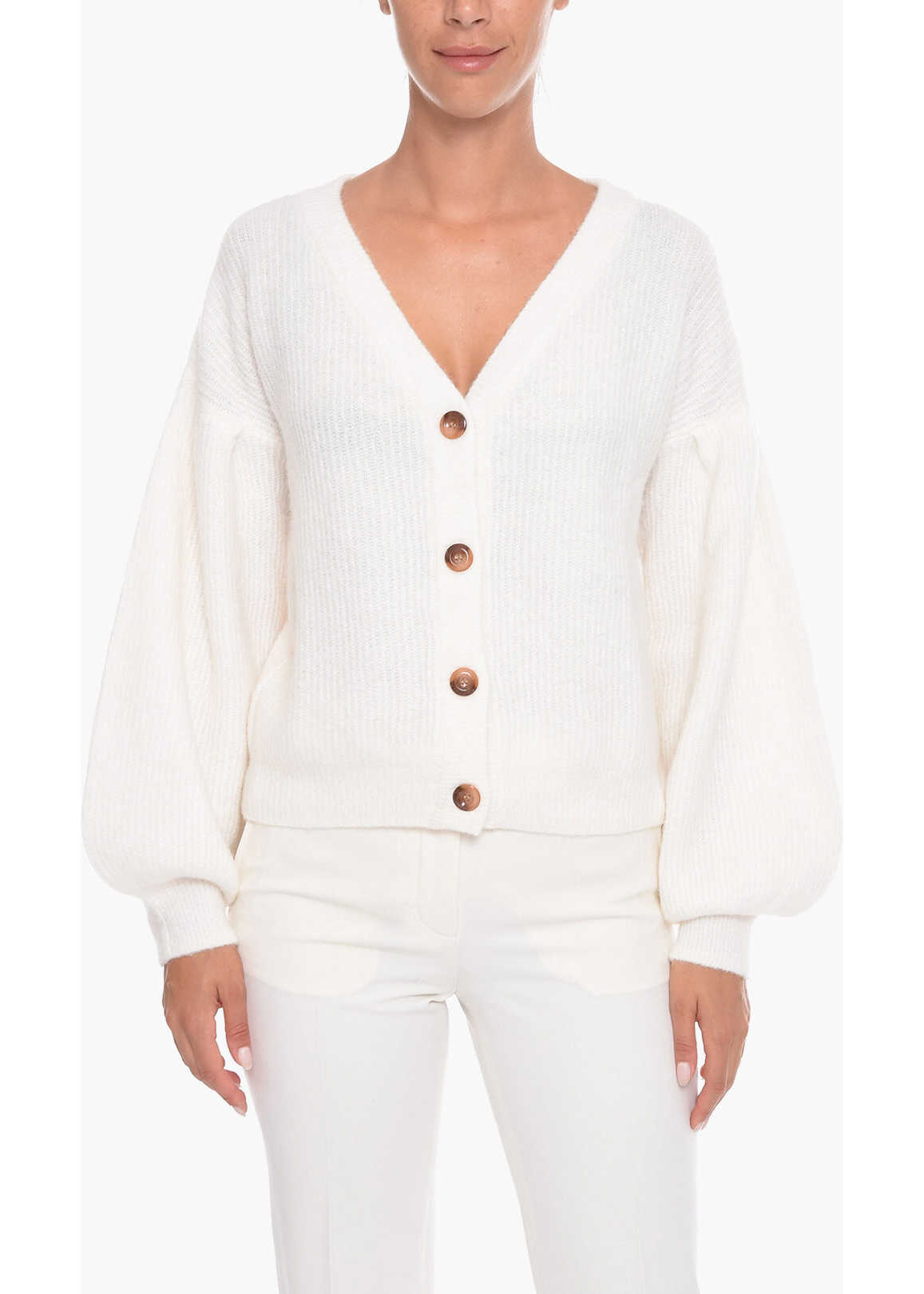 Baum und Pferdgarten Alpaca Blend Celine Crop Cardigan With Balloon Sleeves White