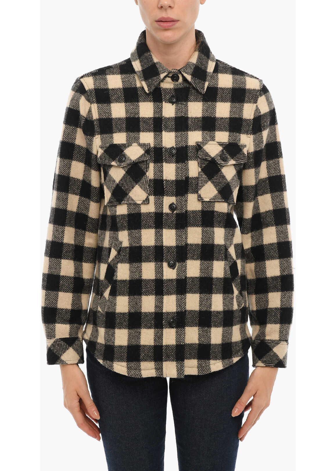 Woolrich Buffalo Checked Wool Blend Overshirt With Double Breast Pock Black & White