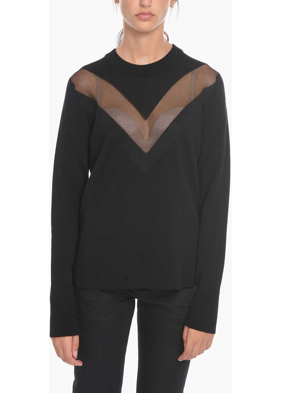 Alexander McQueen Wool Blend Crew-Neck Sweater With Sheer Detail Black