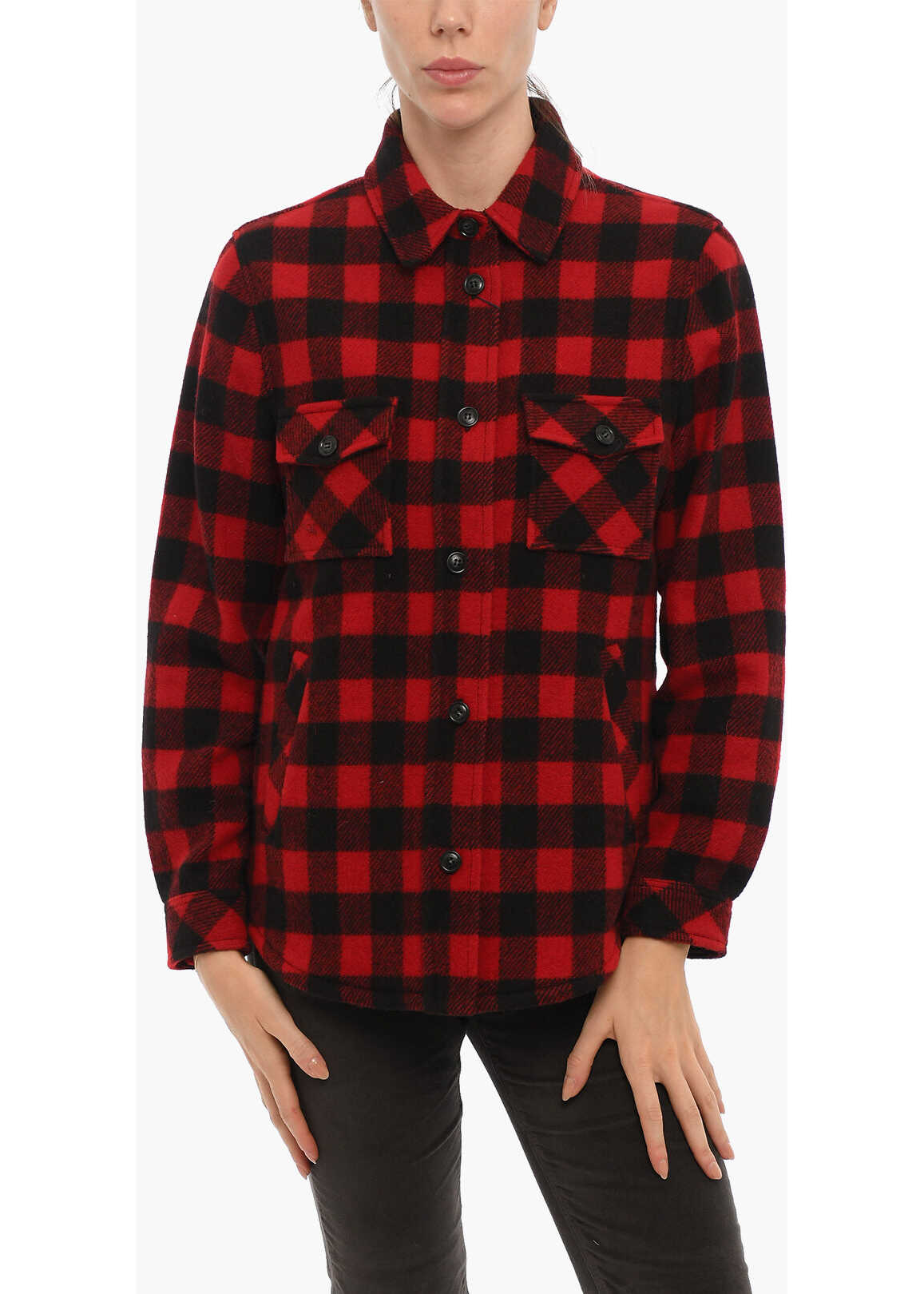Woolrich Buffalo Checked Wool Blend Overshirt With Double Breast Pock Red