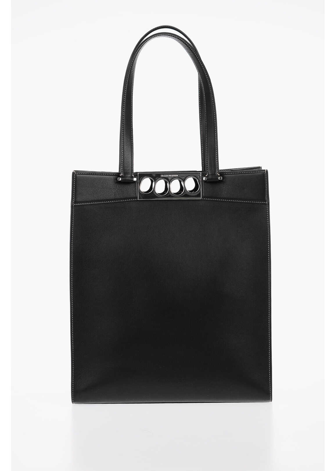 Alexander McQueen Leather Brass Knuckles Tote Bag With Visible Stitchings Black