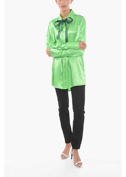 Camasi casual CAPASA Satin Shirt With Self-Tie Detailing Green Femei (BM 10680115) 4
