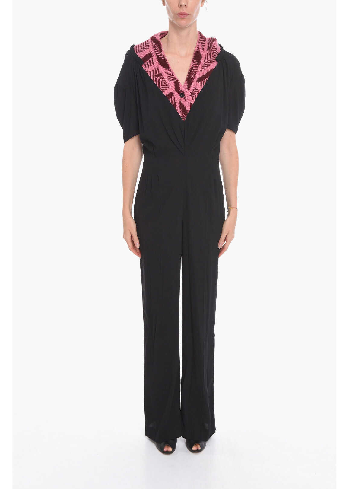 Prada Short-Sleeved Jumpsuit With Jacquard V-Neck Black