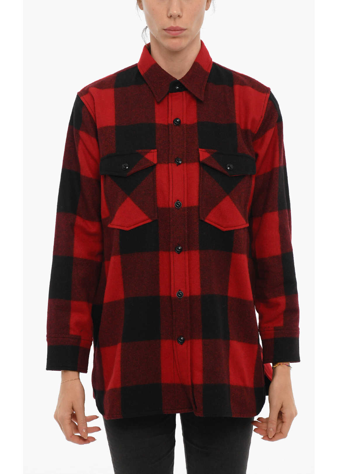 Woolrich Buffalo Checked Wool Blend Overshirt With Double Breast Pock Red