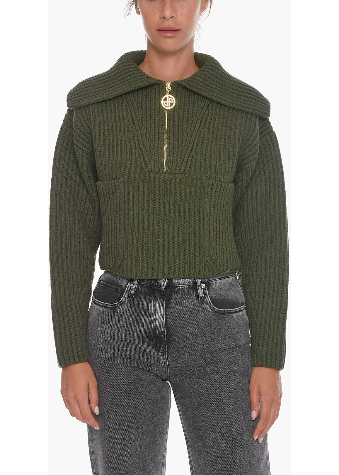 Patou Ribbed Wool Pullover With Zip Fastening Green