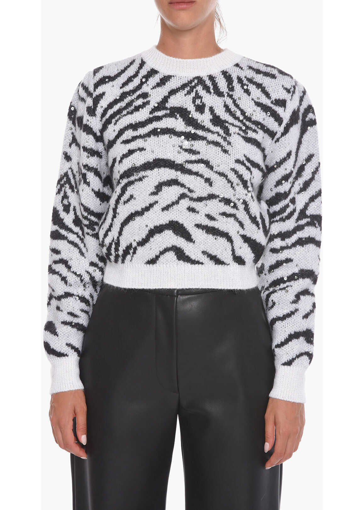 Alessandra Rich Crystal-Embellished Mohair Crewneck Sweater In Zebra Print Black & White