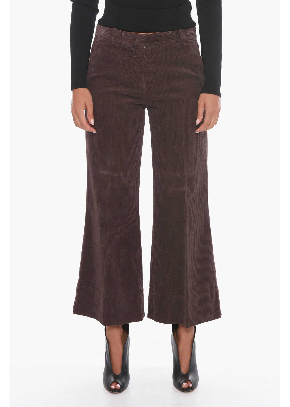 QL2 Corduroy Cropped Trousers With Flared Leg Brown