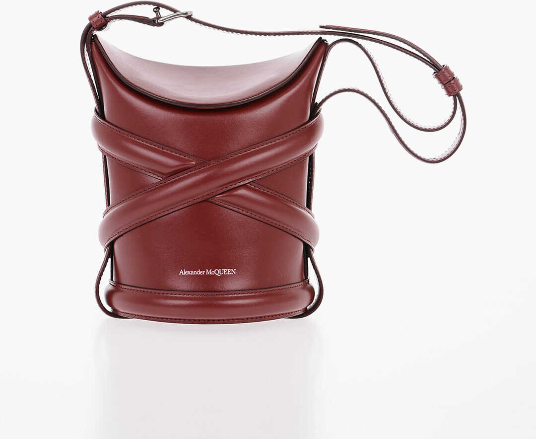 Alexander McQueen Leather Curve Small Bucket Bag With Adjustable Shoulder Stra Burgundy
