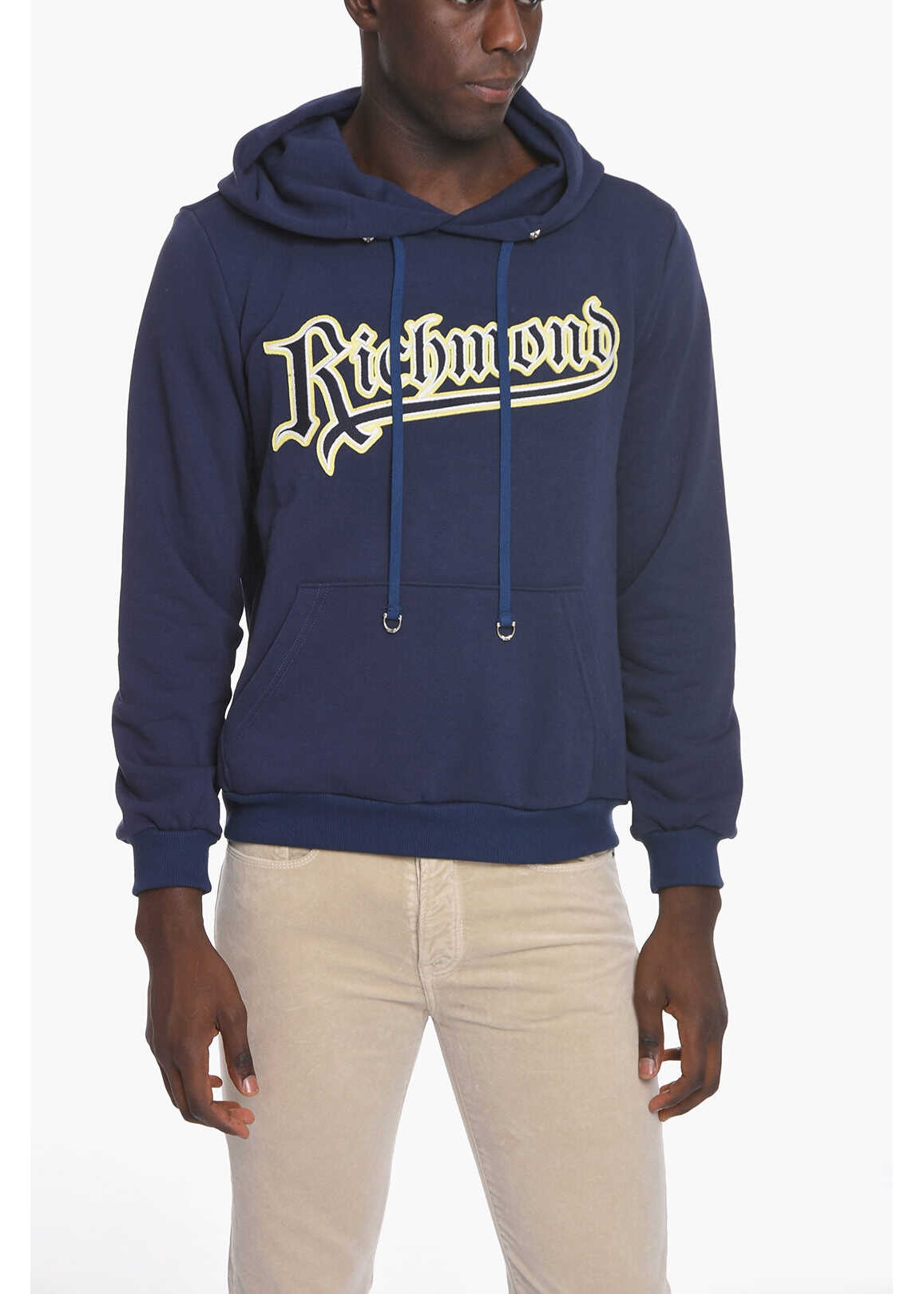 John Richmond Cotton Hoodie With Maxi Embroidery Patch Blue