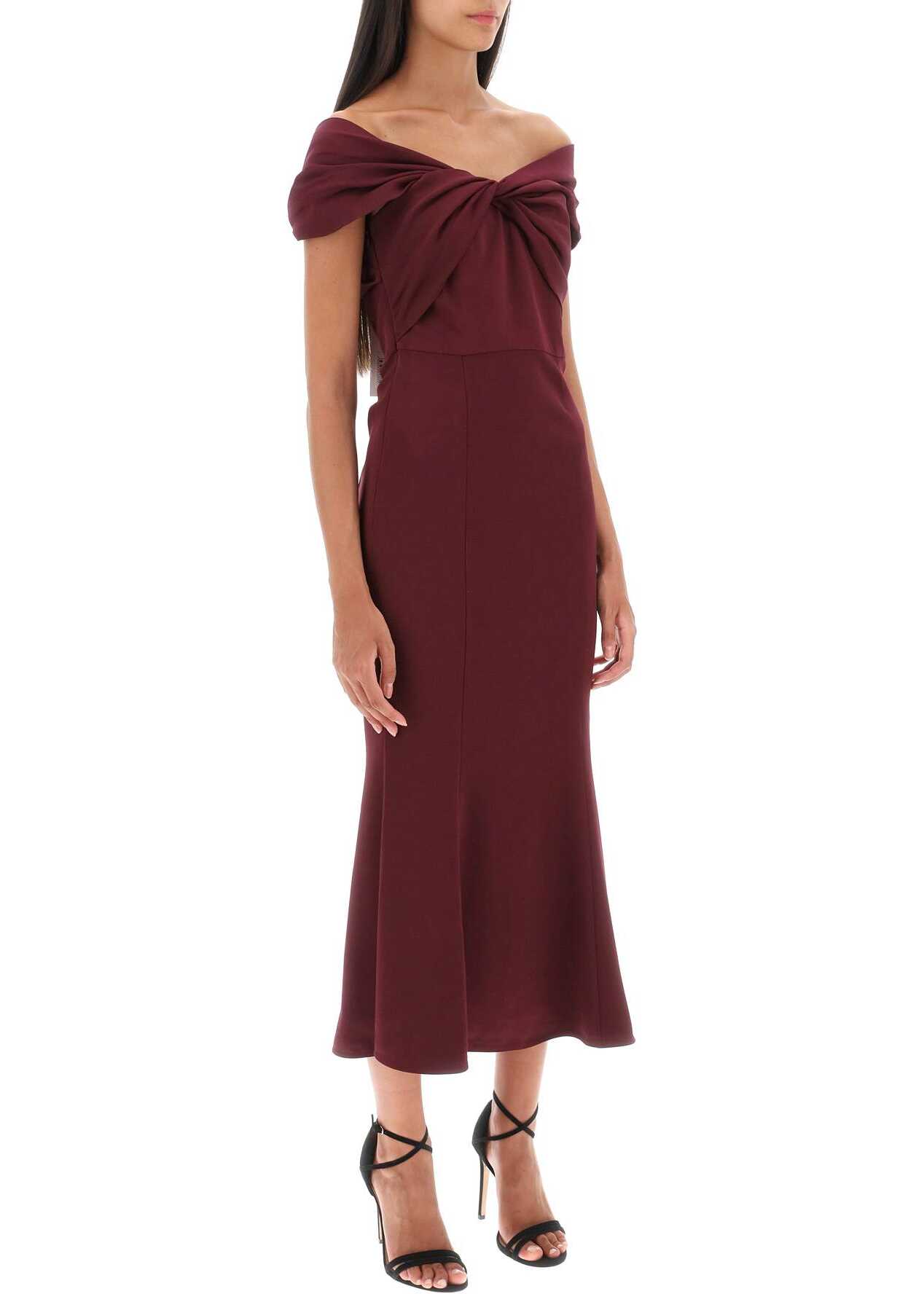 ROLAND MOURET Stretch Cady Midi Dress With Twisted Detail MAROON