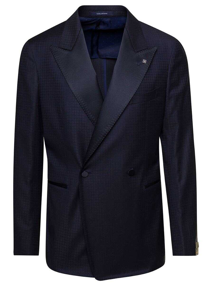 Tagliatore Blue Double-Breasted Jacket with Wide Satin Revers and Logo Charm in Wool Man Blu