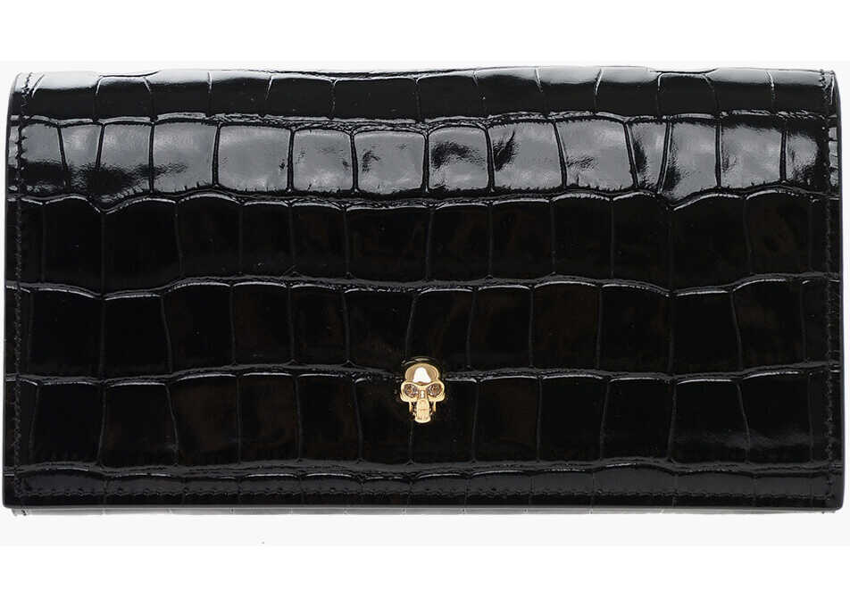 Alexander McQueen Crocodile Effect Patent Leather Wallet With Golden Skull Black