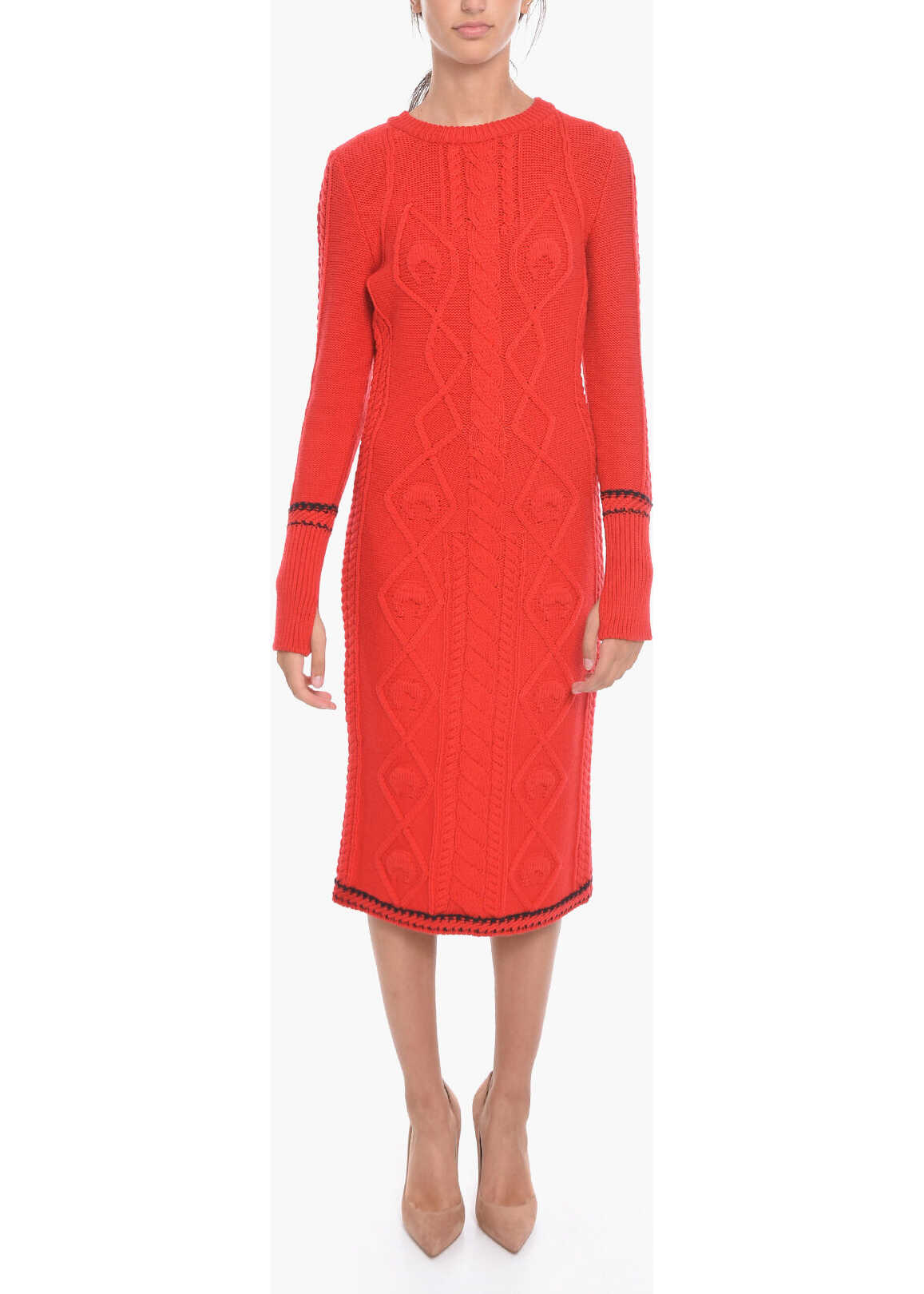 MARINE SERRE White Line Bodycon Long Sleeve Wool Dress Red
