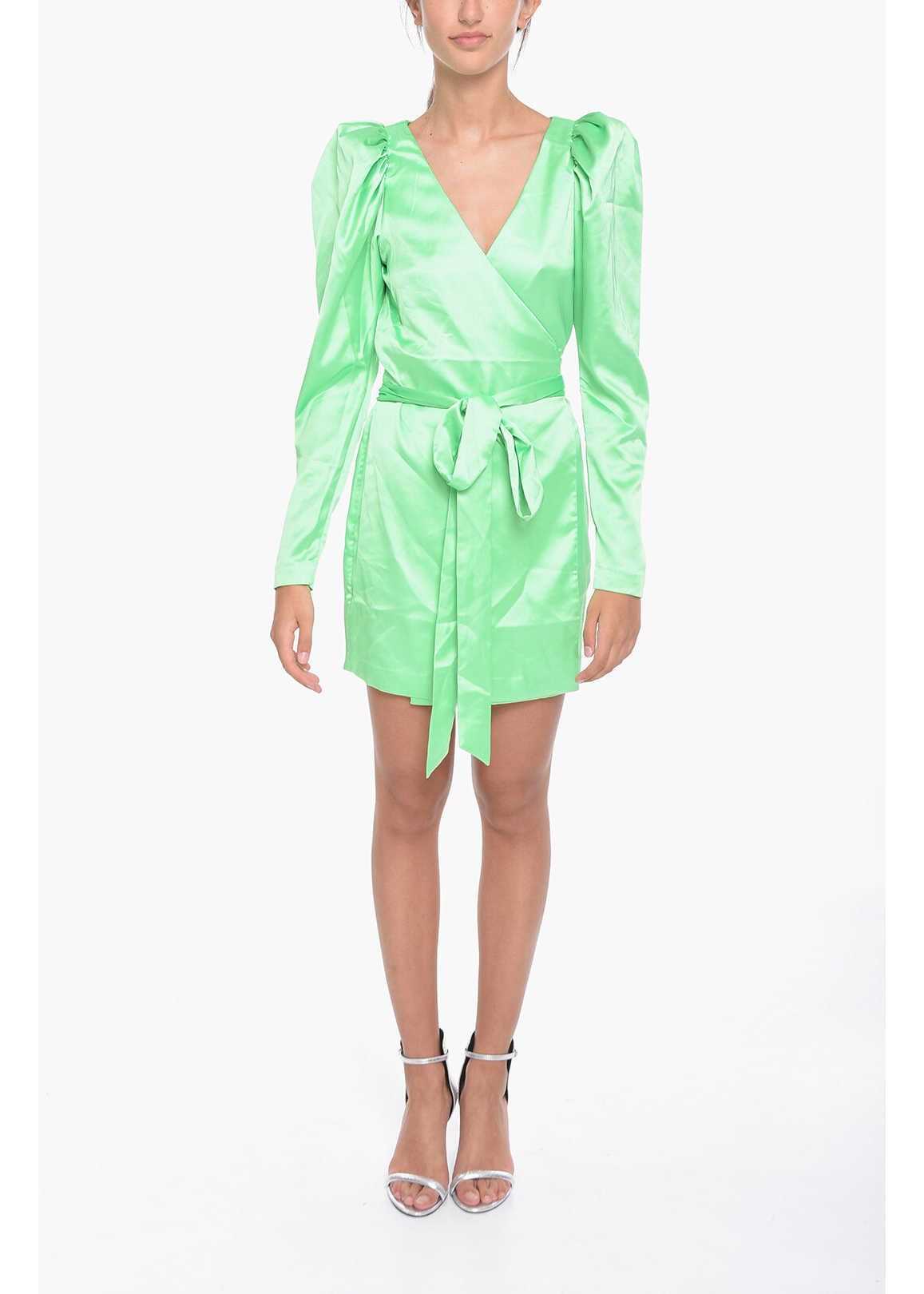 ROTATE Birger Christensen Satin Bridget Wrap Mini Dress With Leg-O-Mutton Sleeve Green