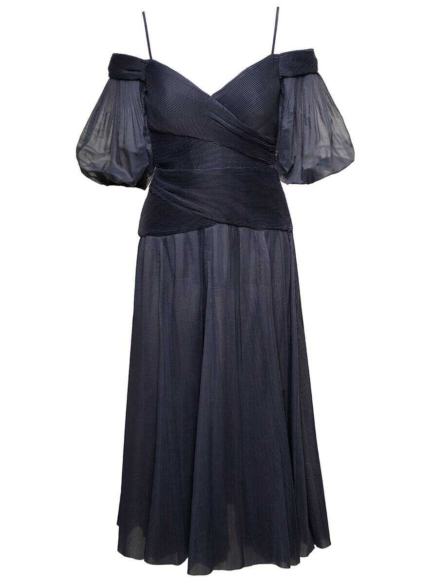 ZIMMERMANN Black Off-Shoulder Pleated Midi Dress in Black Chiffon Woman Blu