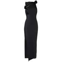Rochii Long Black Asymmetric Dress With Roses Applications In Stretch Polyamide Woman Femei