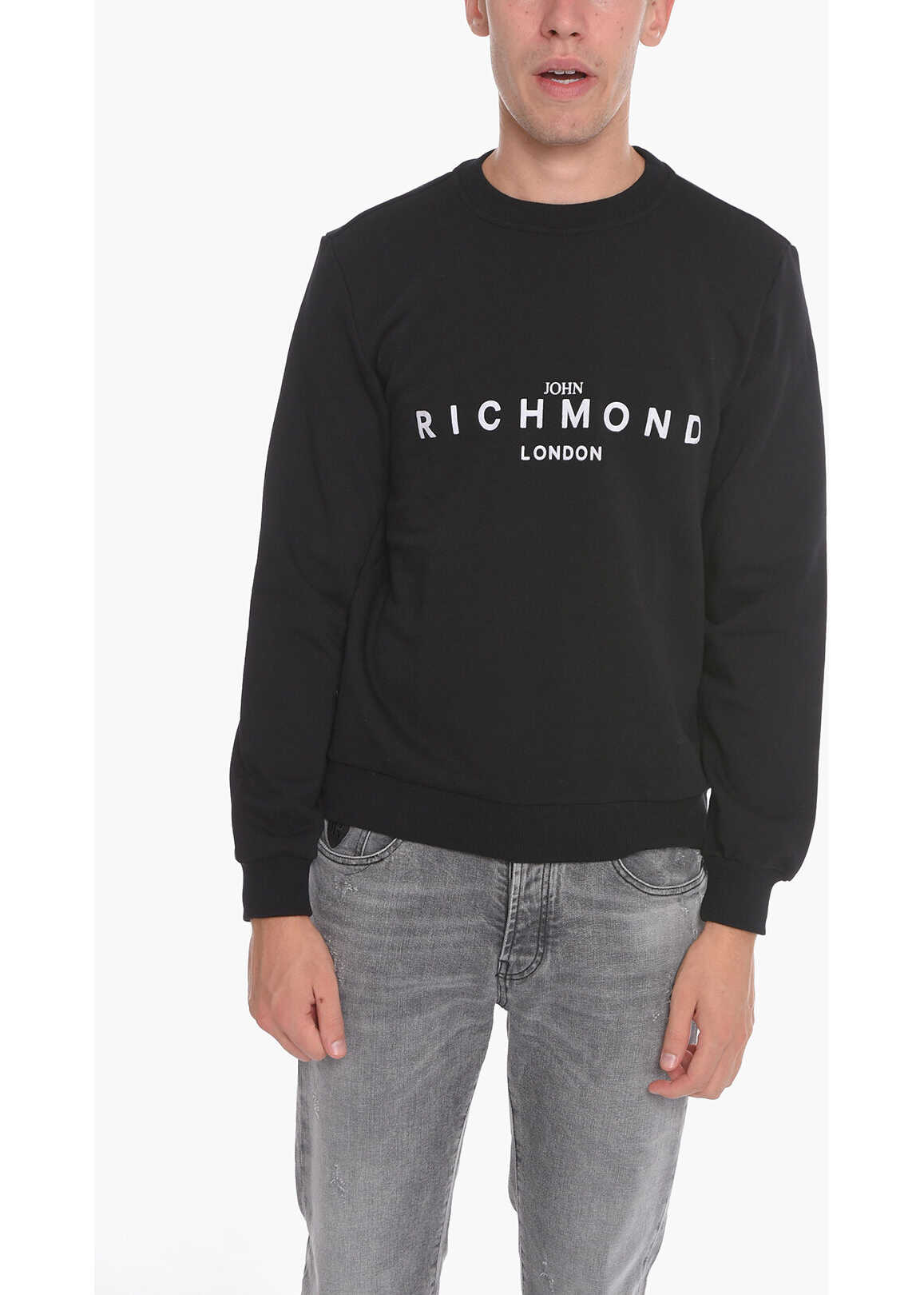 John Richmond Cotton Crew-Neck Sweatshirt With Velour Logo Black