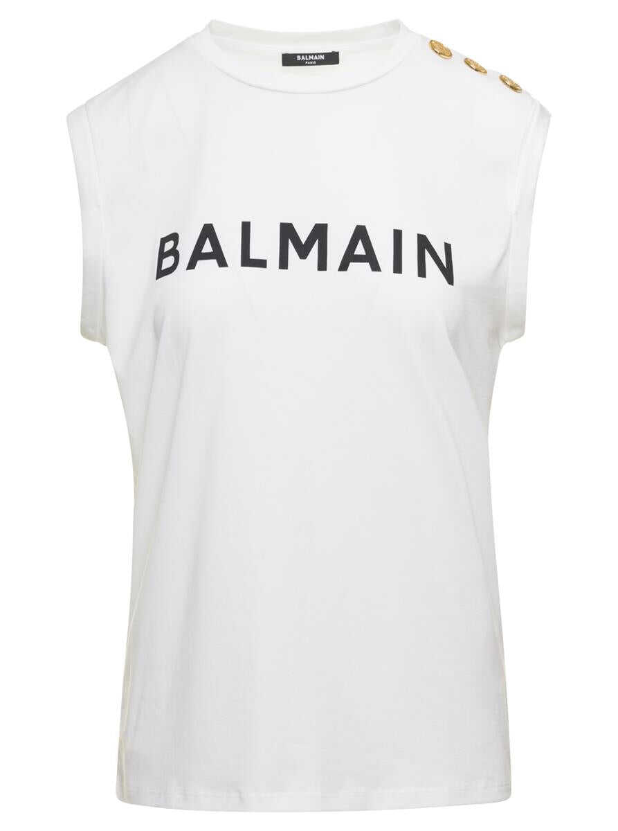 Balmain White Tank Top with Contrasting Lettering Print and Jewel Buttons in Cotton Donna Balmain WHITE
