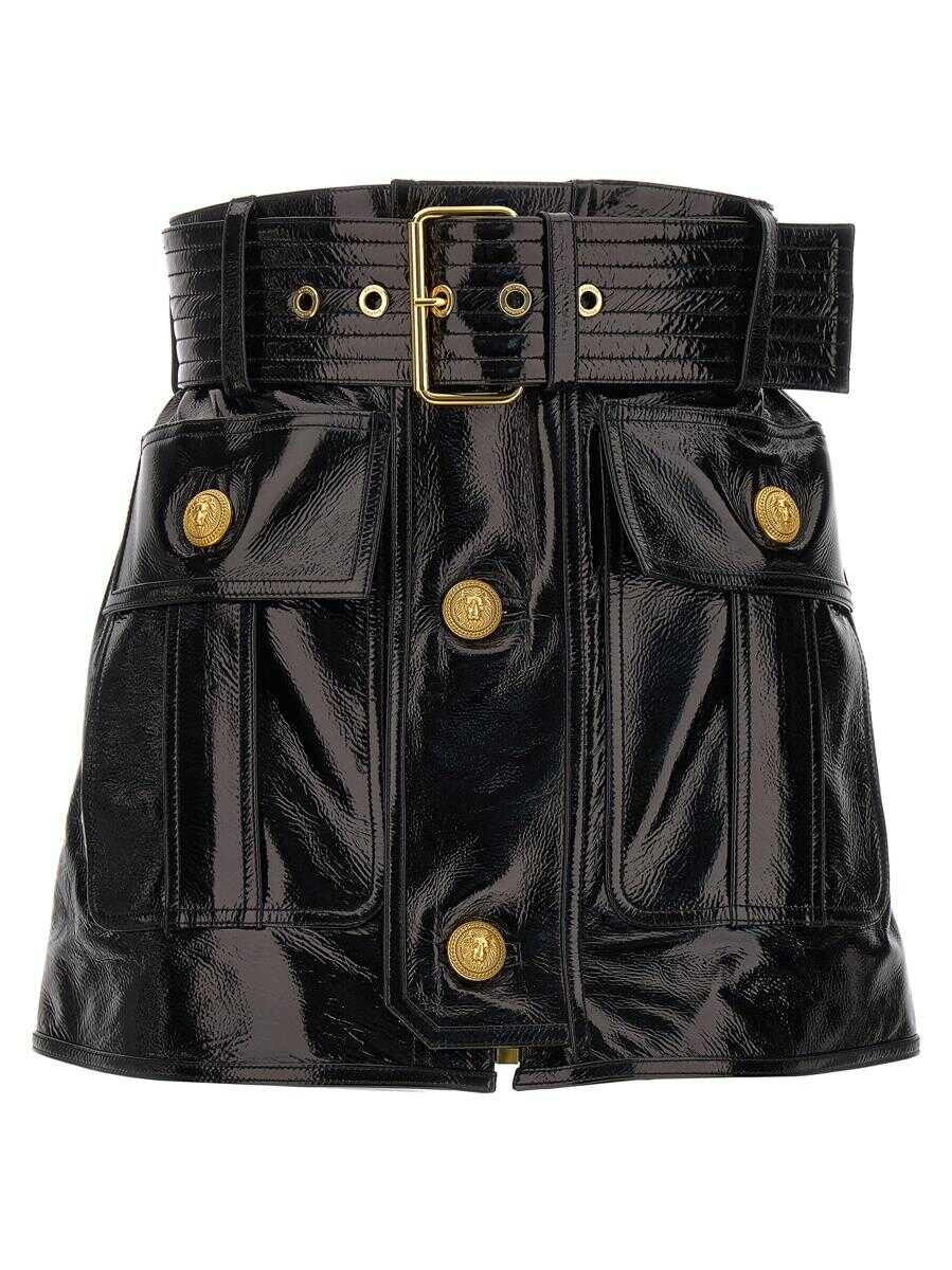 Balmain BALMAIN Belt-up shiny leather skirt BLACK