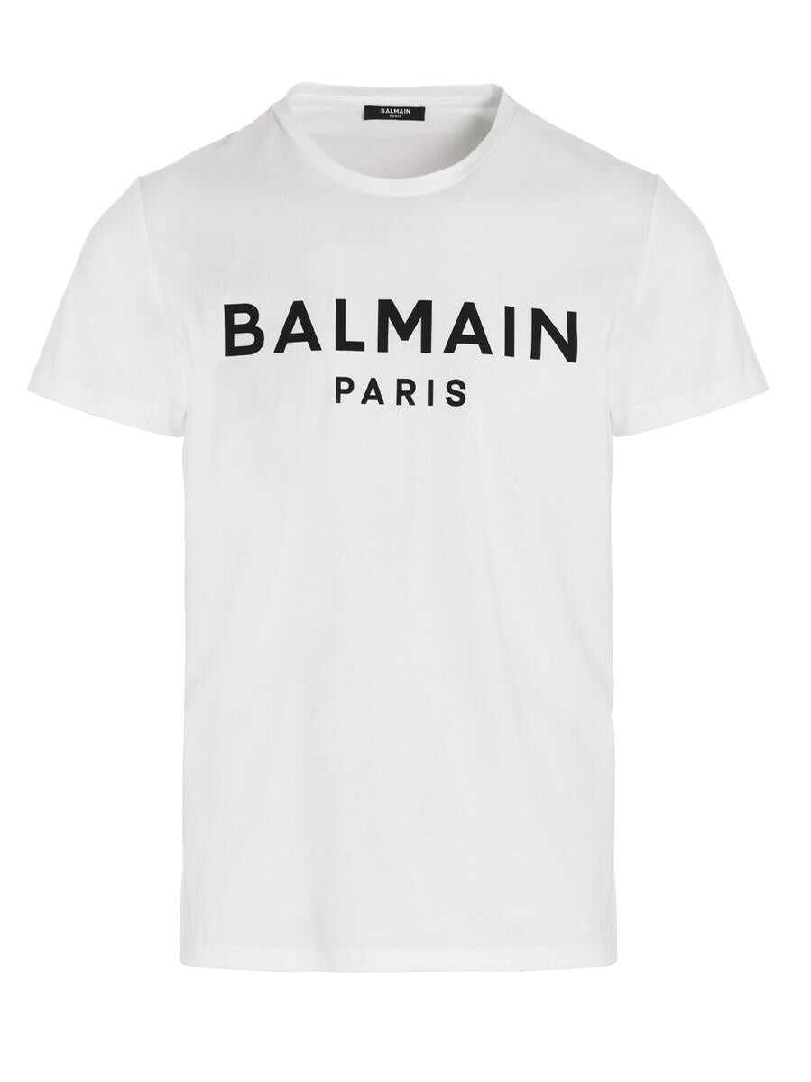 Balmain White Crew Neck T-Shirt with Logo Print on the Chest in Cotton Man White/Black