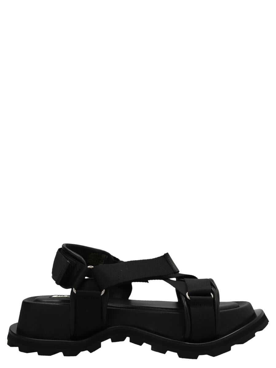 Jil Sander Black Hiking Platform Sandals with Touch Strap in Leather Woman Black