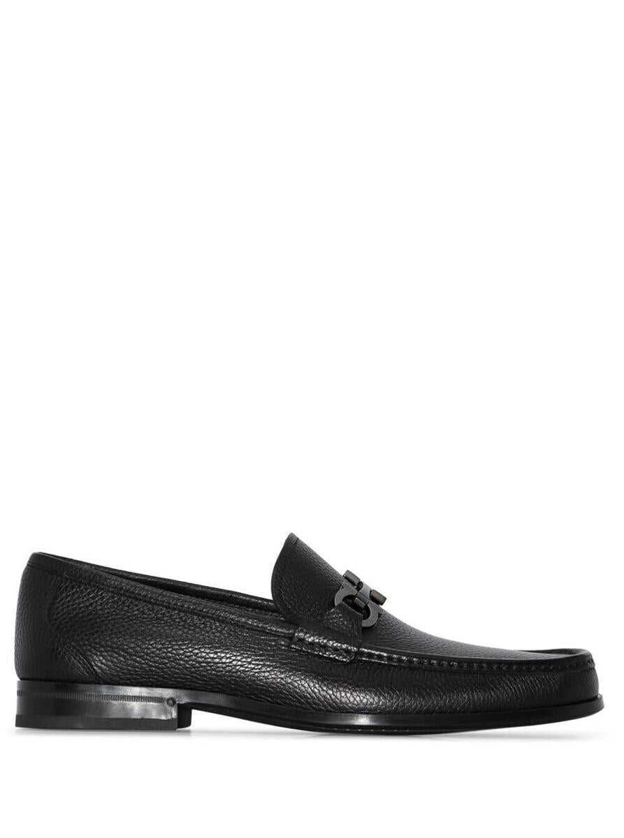 Ferragamo Black Loafers with Tonal Gancini Detail in Hammered Leather Man BLACK