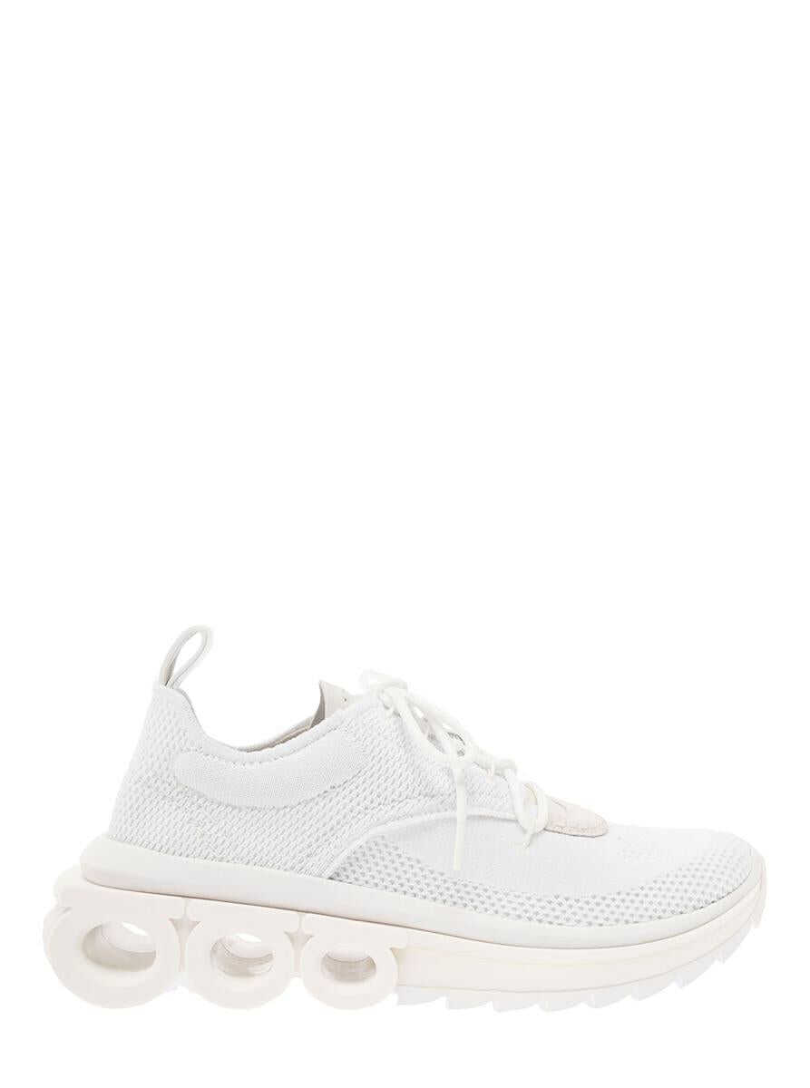 Ferragamo \'Nima\' White Low Top Sneakers with Gancini Detail in Mixed Materials Woman WHITE