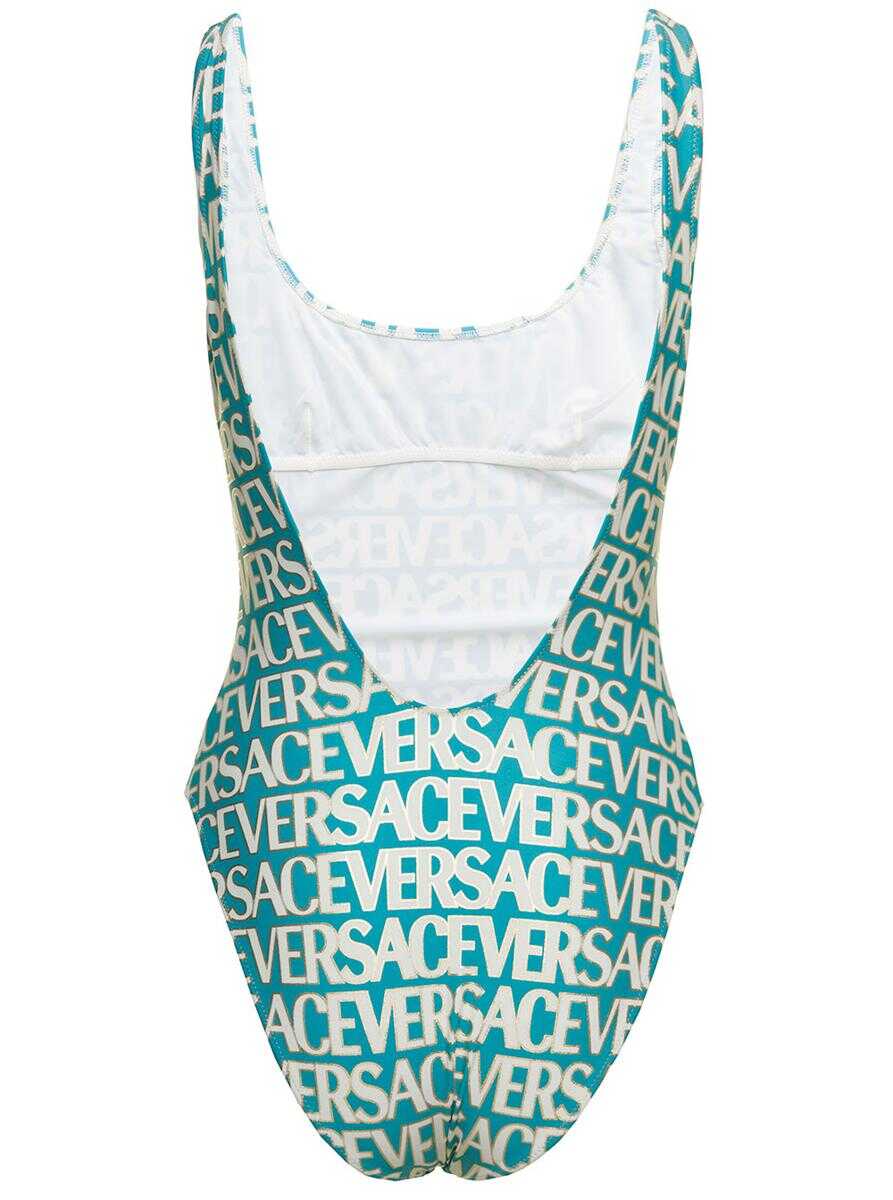 Versace Blue One-Piece Swimsuit with All-Over Logo Lettering Print in Stretch Tech Fabric Woman BLUE