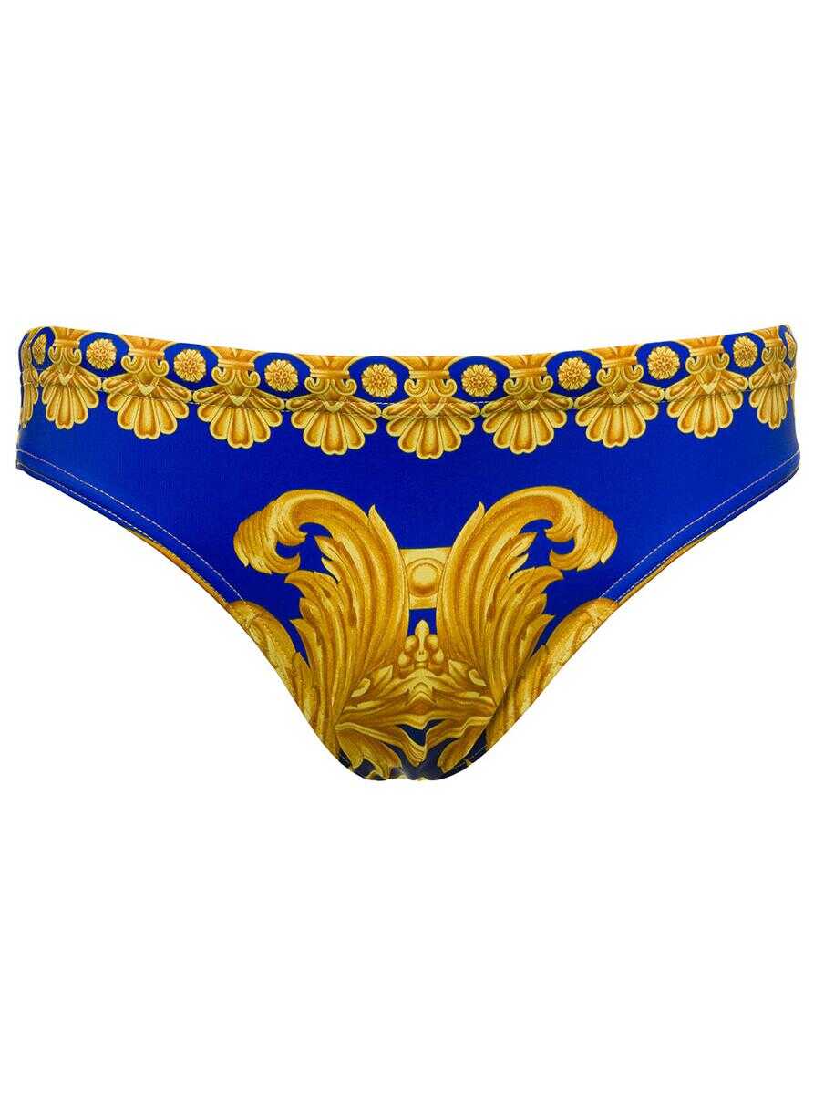 Versace Blue and Yellow Swim Briefs with All-Over Barocco Print in Stretch Polyamide Man BLU