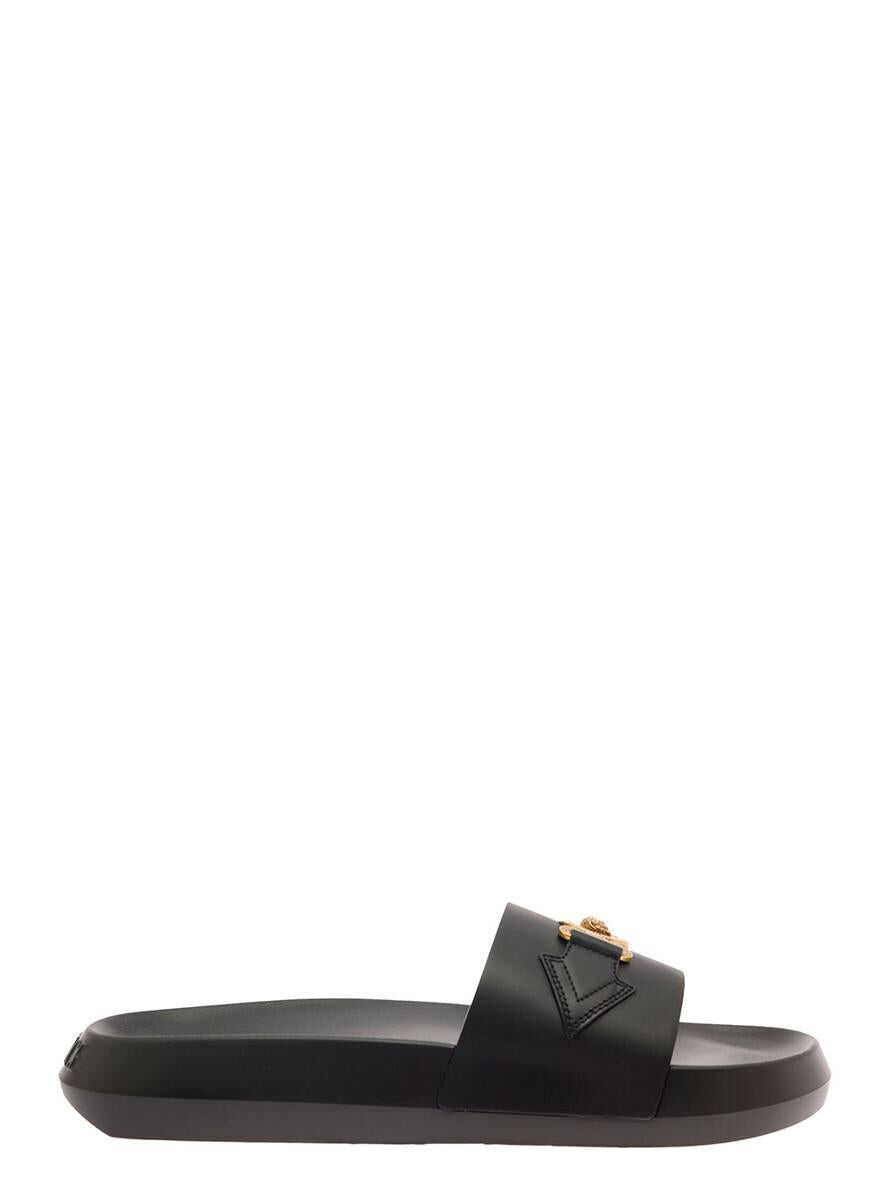 Versace Black Moulded Footbed Slides with Medusa Head Plaque in Leather Man Black