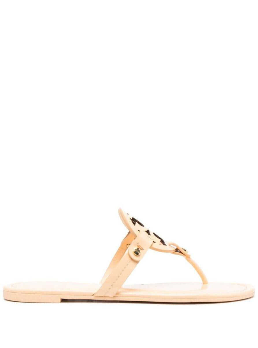 Tory Burch \'Miller\' Beige Thong Sandal with Tonal Logo in Leather Woman GREY