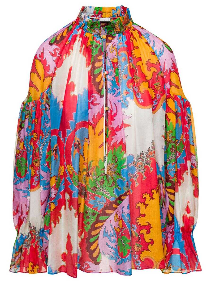 ETRO Multicolor Blouse with Puff Sleeves and All-Over Graphic Print in Silk and Cotton Blend Woman Multicolor