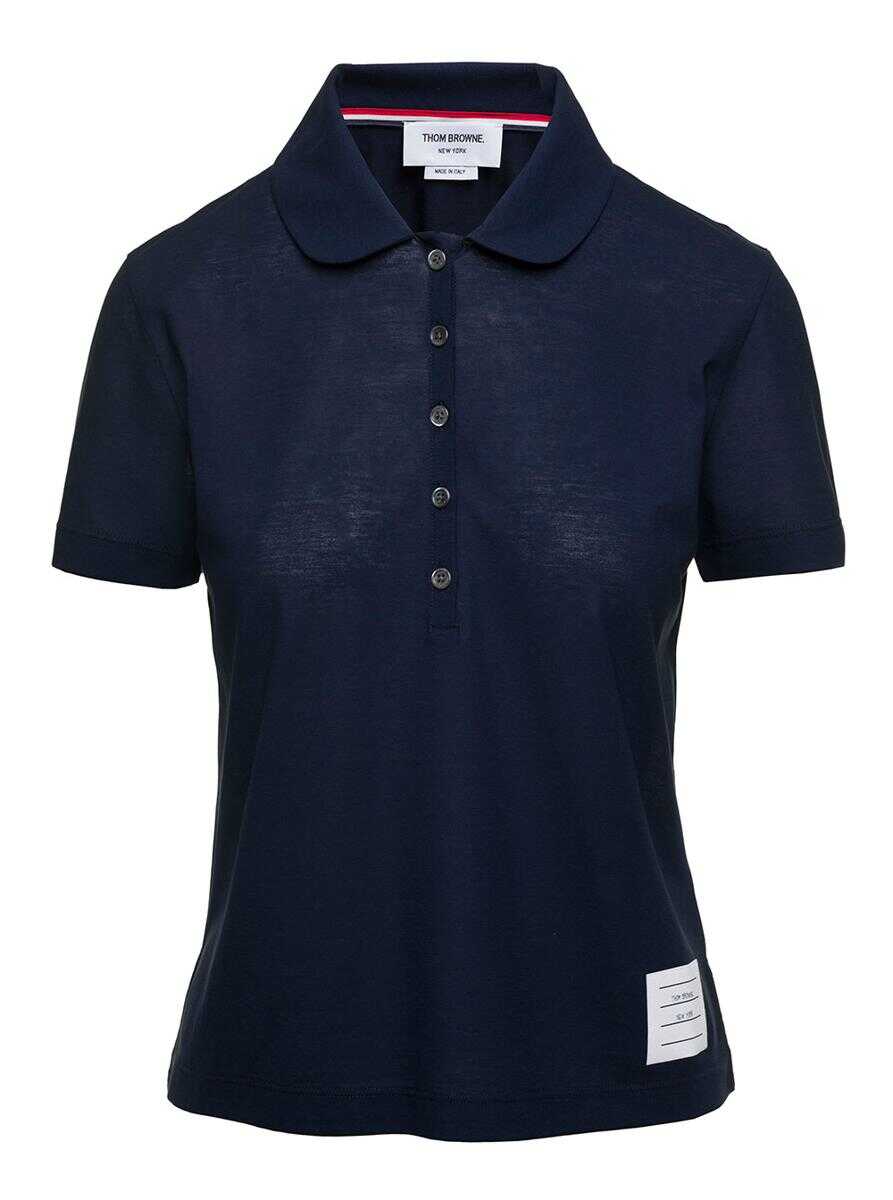 Thom Browne Blue Polo Shirt with Peter-Pan Collar and Logo Patch in Cotton Woman Blu
