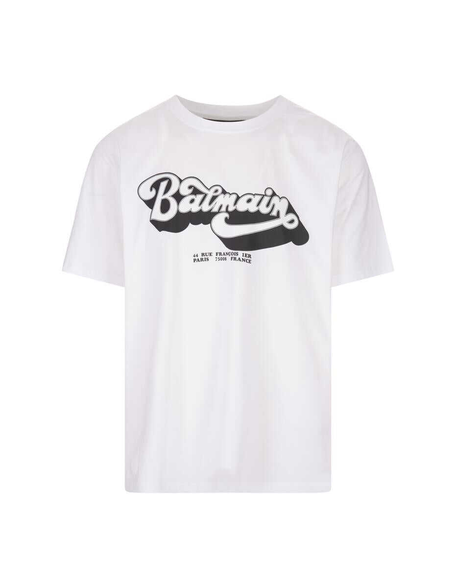 Balmain White Crewneck T-Shirt with 70s Logo Print in Organic Cotton Man White