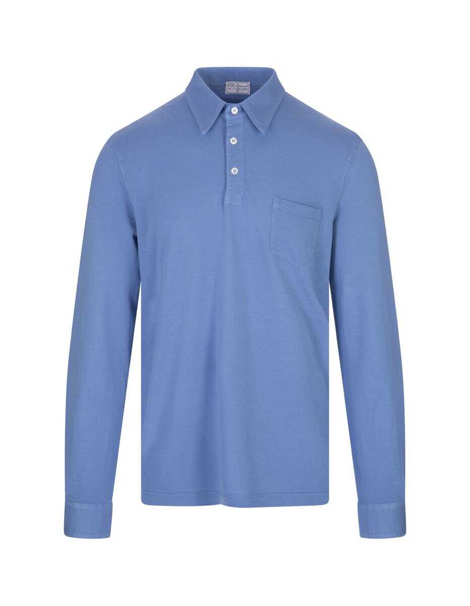 Fedeli FEDELI Light Cotton Pique Long Sleeve Polo Shirt Blue
