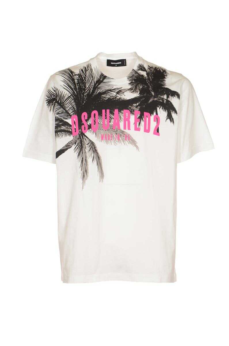 DSQUARED2 White Crewneck T-Shirt with Palms Logo Print in Cotton Jersey Man D-Squared2 WHITE