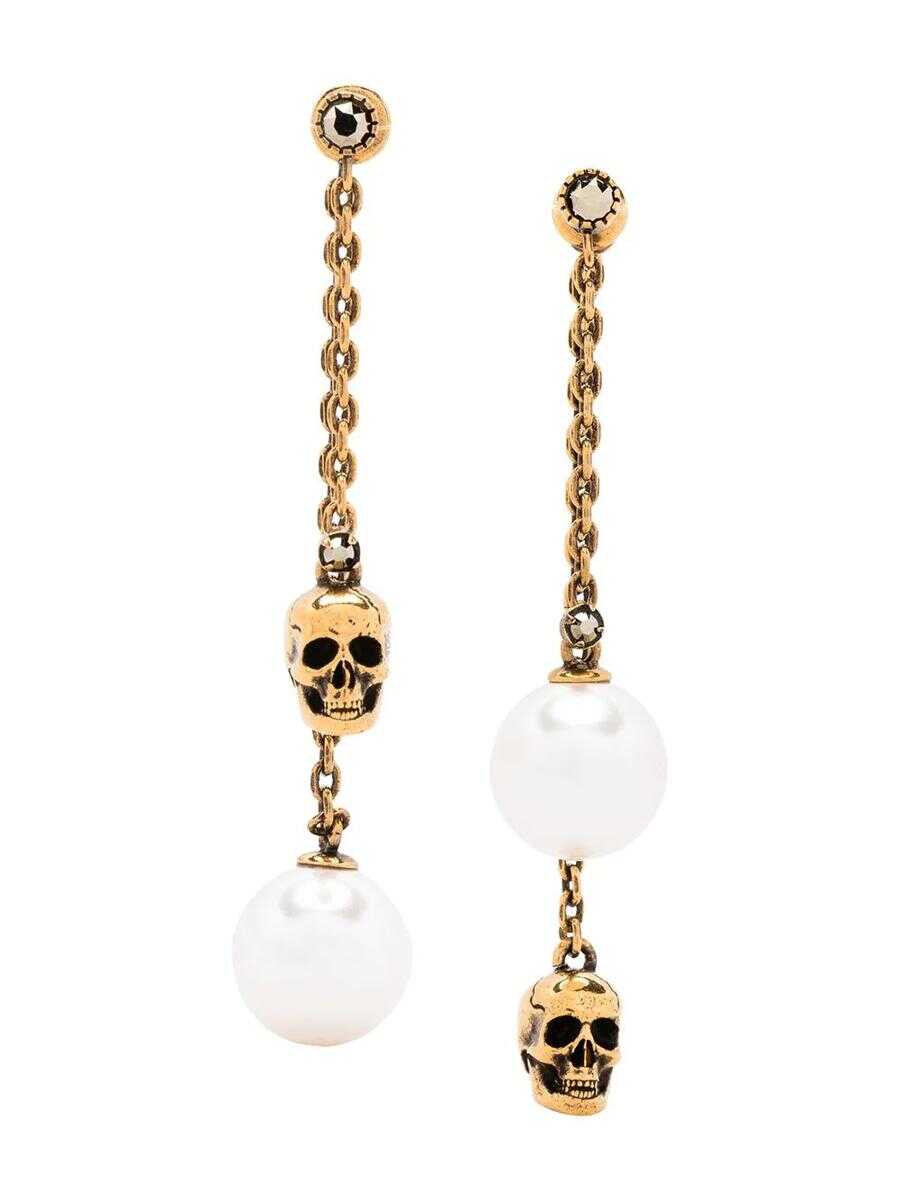 Alexander McQueen ALEXANDER MCQUEEN Pearl-Like Skull Chain Drop Earring in Antique Gold GOLDEN