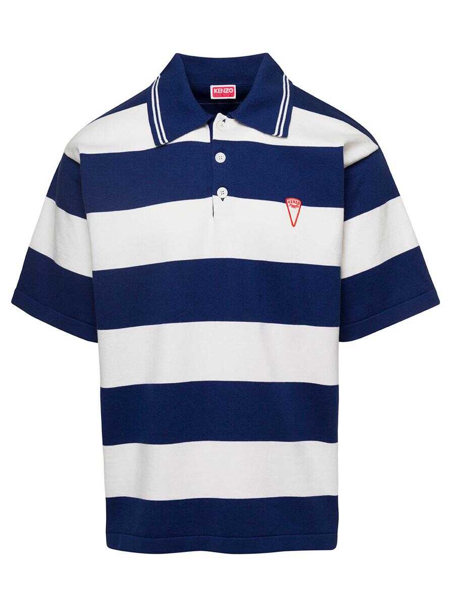Kenzo White and Blue Oversize Striped Polo T-Shirt in Cotton Man BLU