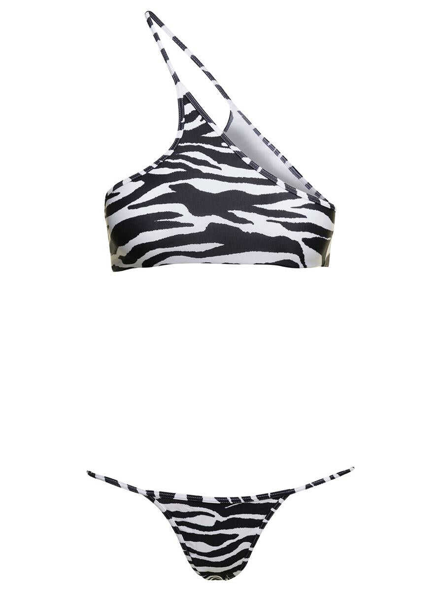 THE ATTICO One-Shoulder Bikini Set with All-Over Zebra Print in Technical Fabric Woman White/black