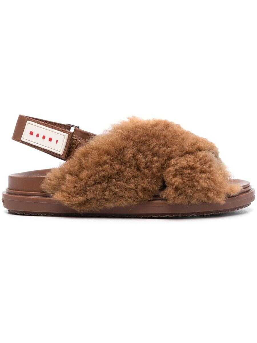 Marni MARNI FUSSBETT CRISSCROSS SANDAL MONOCHROME IN SHEARLING WITH LOGO BACK STRAP SHOES BROWN