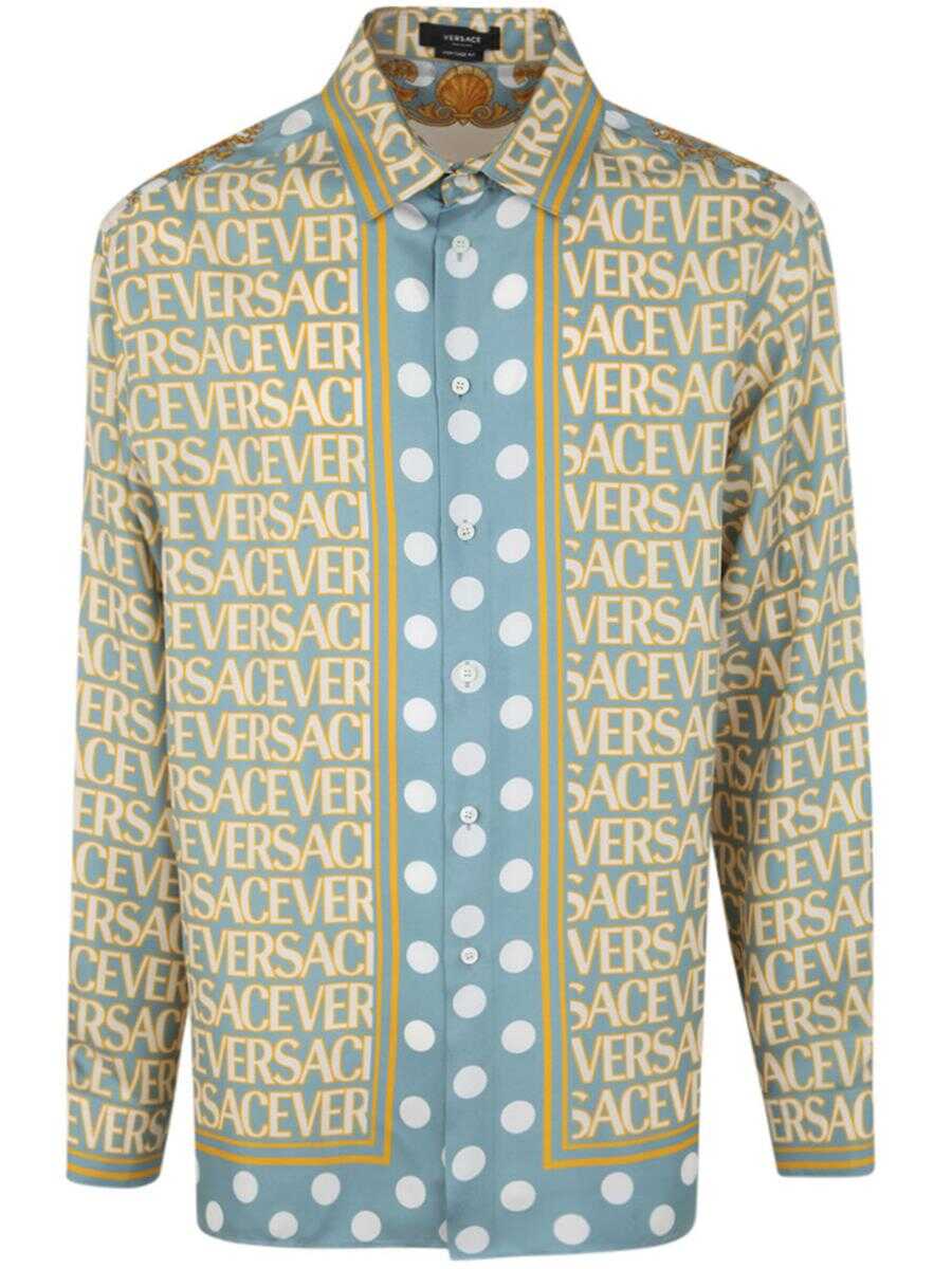 Versace VERSACE INFORMAL SHIRT COMBO LOGOMANIA TWILL SILK FABRIC BAROQUE POLKA DOTS CLOTHING Blue