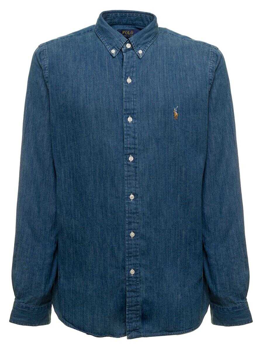 Ralph Lauren Blue Slim Shirt with Logo Embroidery in Cotton Denim Man BLU