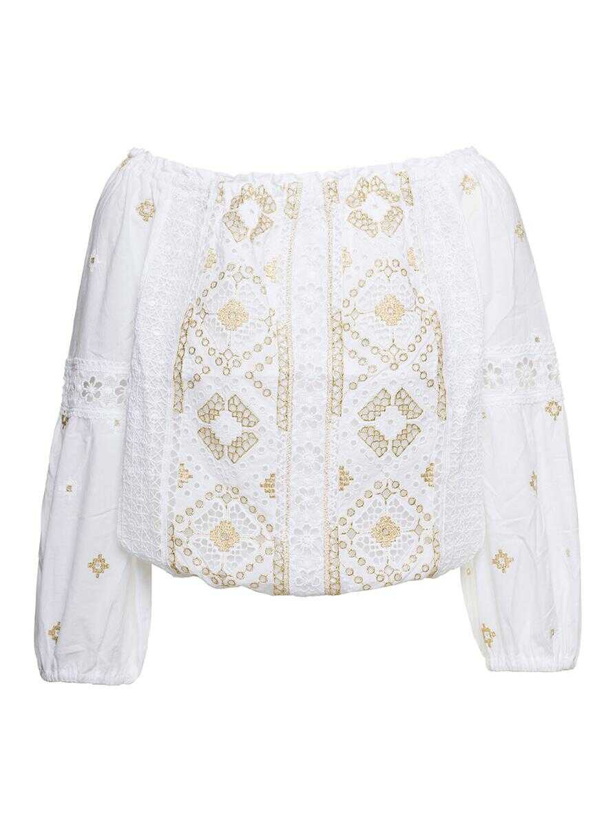 TEMPTATION POSITANO Off-Shoulder Embroidered Blouse in White Cotton Woman White